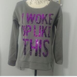 Juicy Couture M Grey Sweatshirt "I woke up like this" Sequin Lettering Comfy